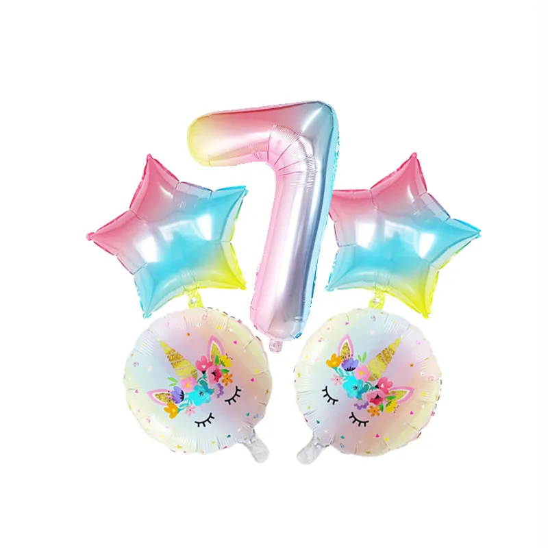 5 шт., вечерние радужные шары с изображением единорога, От 1 до 5 лет, детские украшения для дня рождения