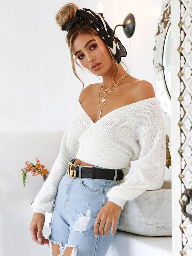 Knit woman sweater long sleeve crop tops sexy deep v-neck autumn ropa mujer solid lace up fashion sueter sweter slim top | Женская