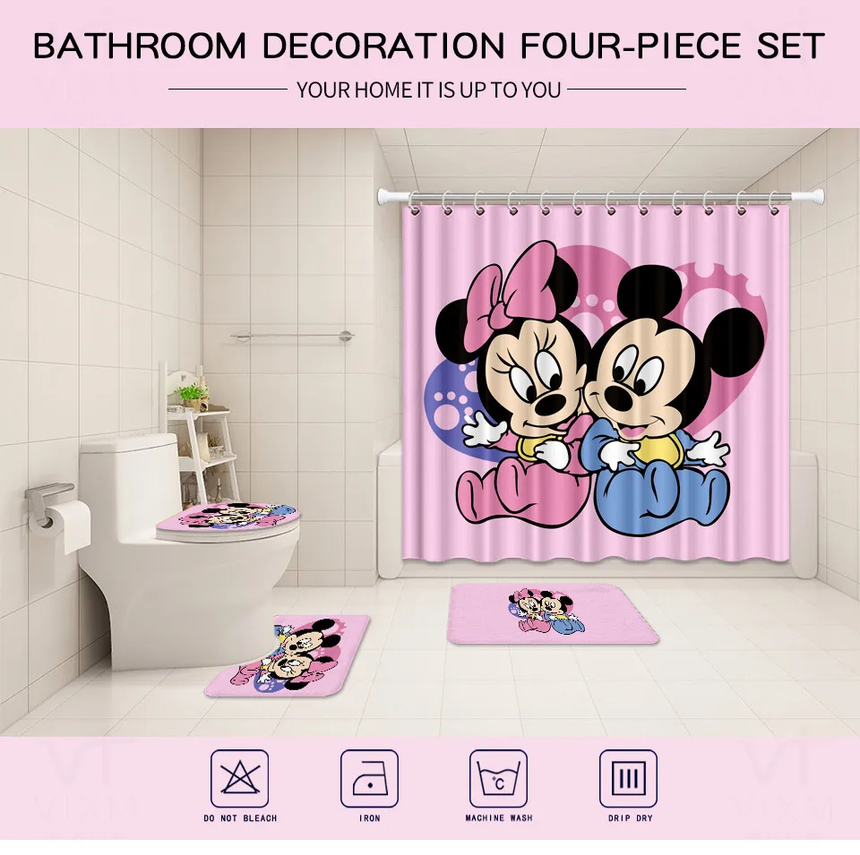Vixm 4pcs Set Custom Lovely Pink Mickey Minnie Shower Curtain