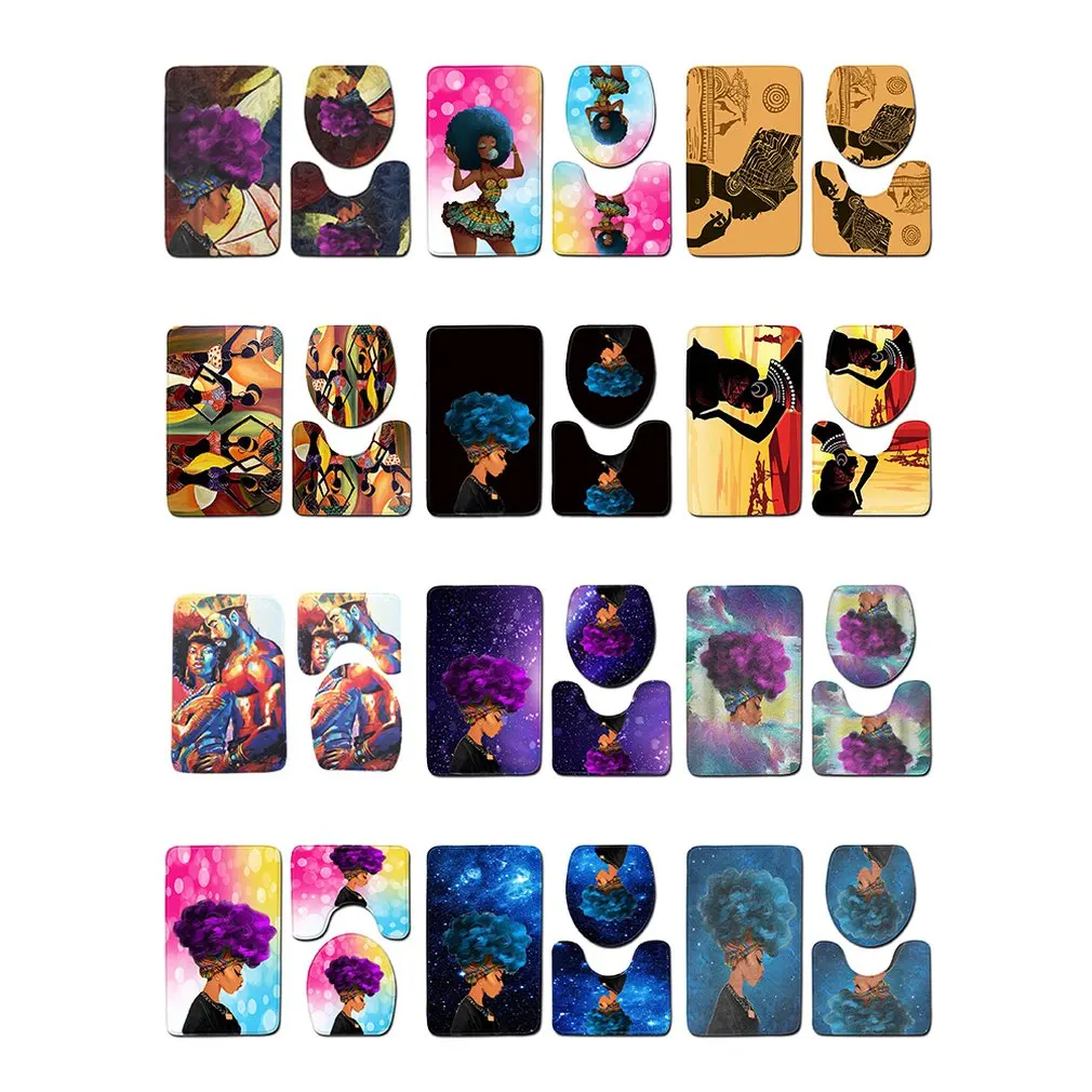 African Girl Bathroom Set Waterproof Polyester Mouldproof Shower Curtain Non-Slip Mats Carpet Pedestal Rug