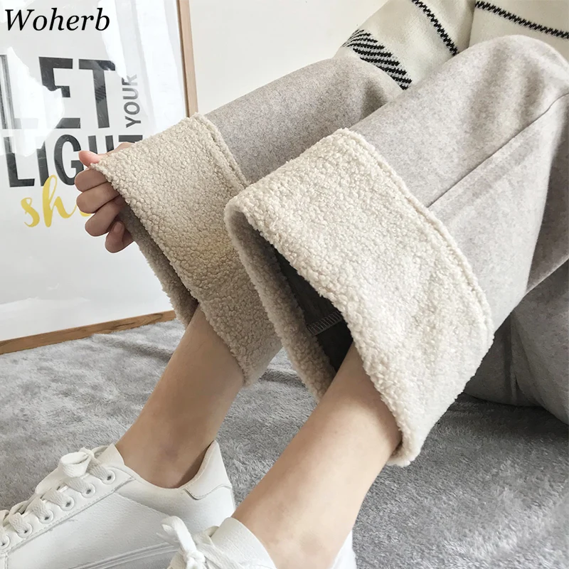 Woherb Осенние новые женские эластичные шерстяные брюки повседневные брюки корейские Harajuku широкие брюки зимние шерстяные брюки длиной до щиколотки