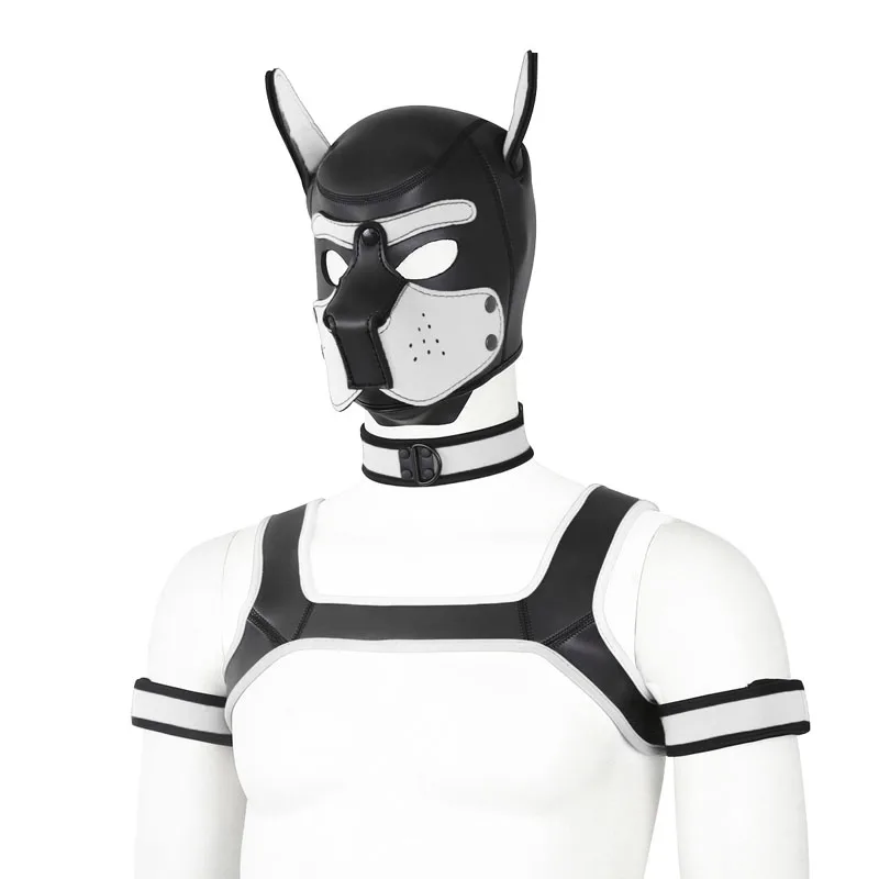 Сексуальный мужской латексный резиновый костюм для игры в щенка, удерживающий грудь, пояс, топ, собачий капюшон, ошейник, повязки на руку, фетиш одежда - Color: White Set