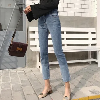 

2018 Summer Ulzzang Wind Slim Fit Washed Trousers Gradient Colored Cowboy Ankle-length Pants High-waisted Stretch Torn Edge Penc