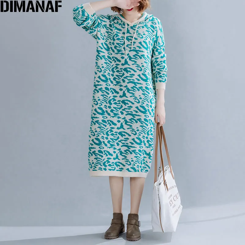 DIMANAF, зима, осень, женский свитер, вязаное платье, толстая, длинный рукав, модная, леопардовая, повседневная, с капюшоном, для девушек, Vestidos, женская одежда