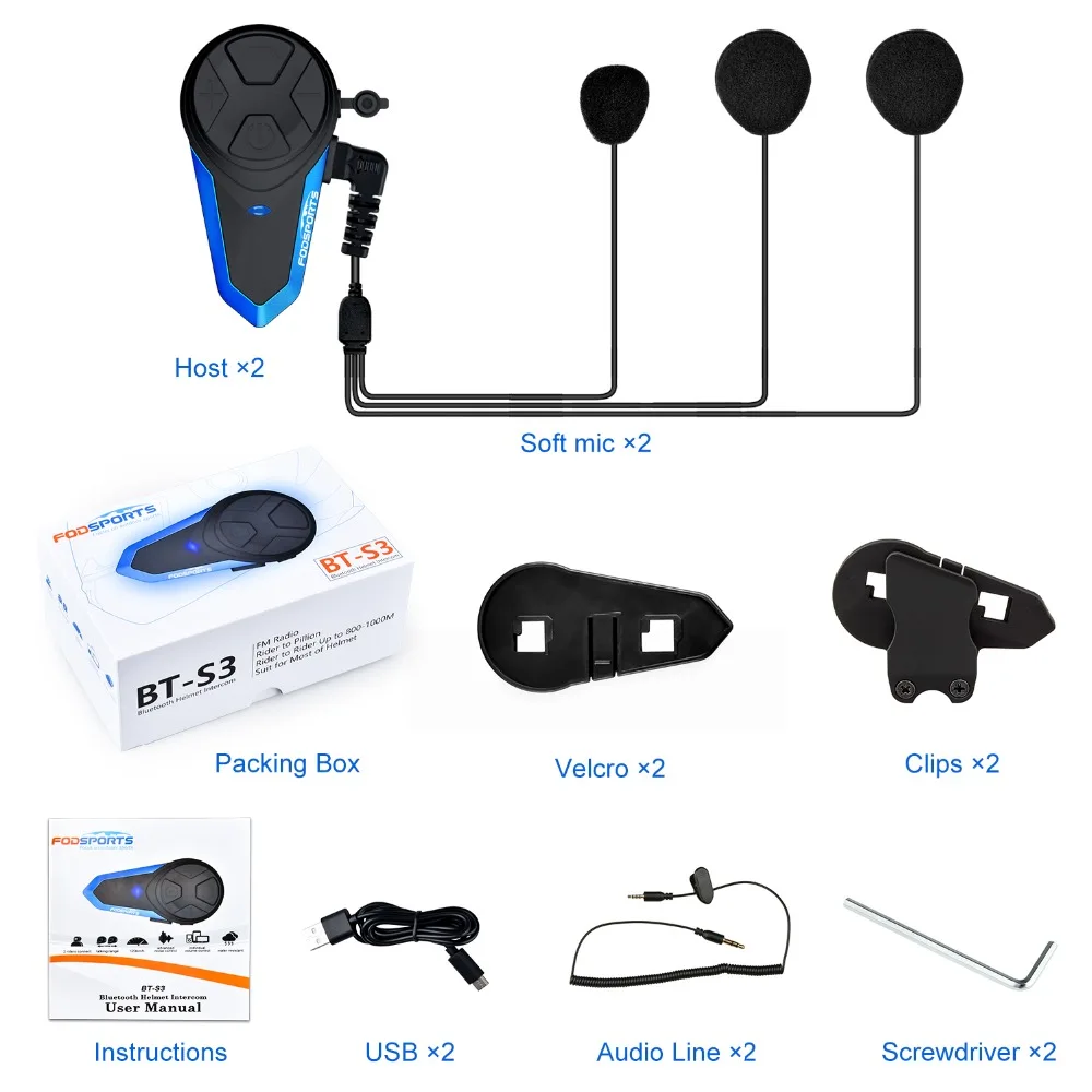 Fodsports 2 шт BT-S3 мотоциклетный шлем Bluetooth домофон мотоциклетный шлем гарнитура Водонепроницаемый BT переговорный Intercomunicador FM