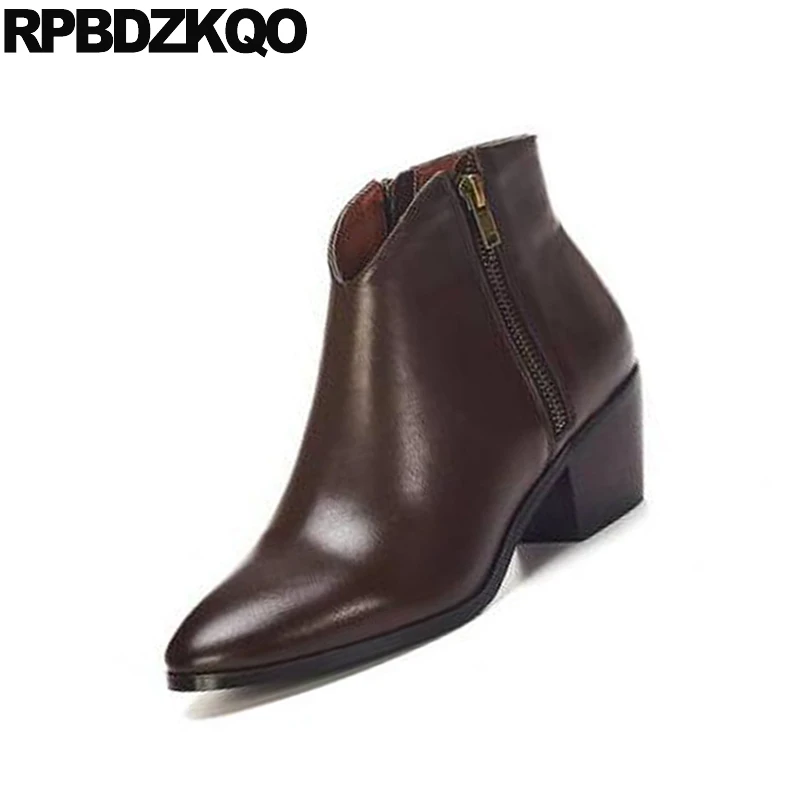 block ankle winter side zip boots genuine leather fall chunky booties pointed toe autumn fur brand brown size 4 shoes women