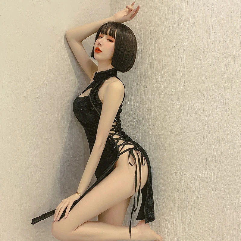 Chinese Traditional Dress Women Sexy Lingerie Bandage Temptation Clothing China Style Side Slit Hollow Cheongsam Qipao
