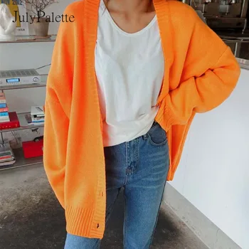 

JulyPalette Casual V-neck Knitted Sweaters Women Autumn winter Long Sleeve Button Female Cardigan Orange Ladies Sweater Outwear
