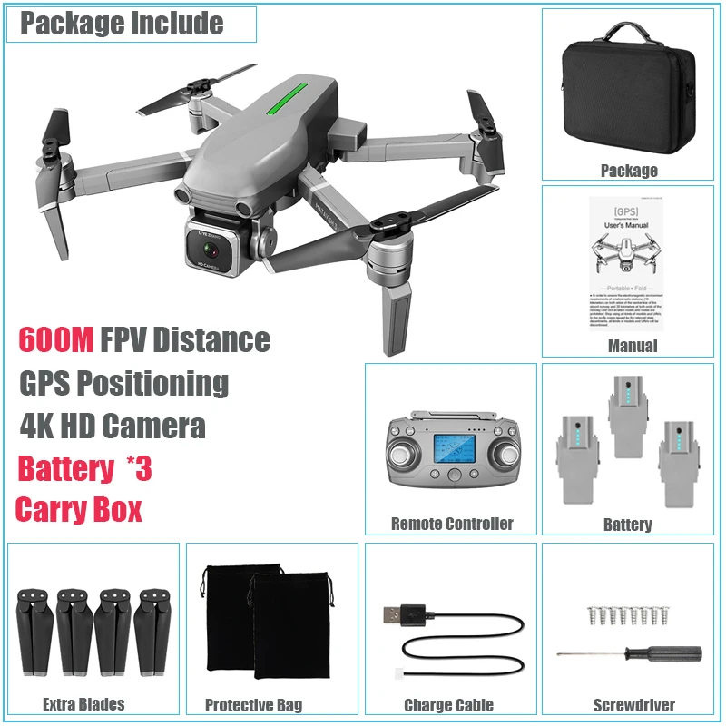 600M Carrybox 3Bat Perfessional Дрон gps 4K HD камера 5G Wifi 800M FPV расстояние Вертолет Оптический поток gps положение двойная камера Квадрокоптер игрушки - Цвет: 600M Carrybox 3Bat