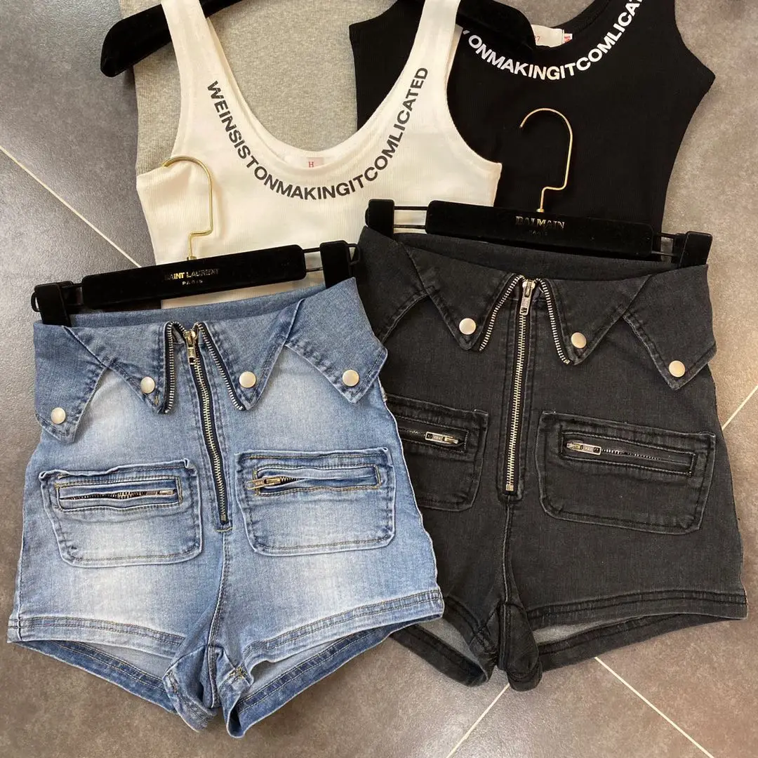 

Jean Shorts Women Hot Pants 2020 Spring and Summer New Style Fold-down Collar Zipper Pocket Biker Denim Shorts Women's Jean