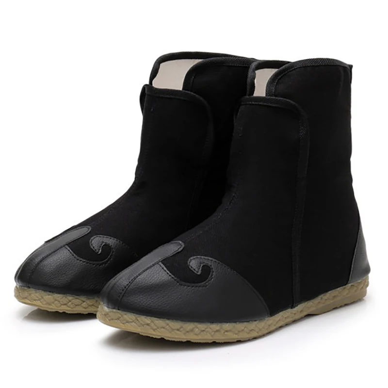 Unisex Black Swordsman Boots, Retro High Top, Kungfu Cosplay Shoes, PU Leather, Canvas Winter Boots, Zipper Shoes, Feet Warmer