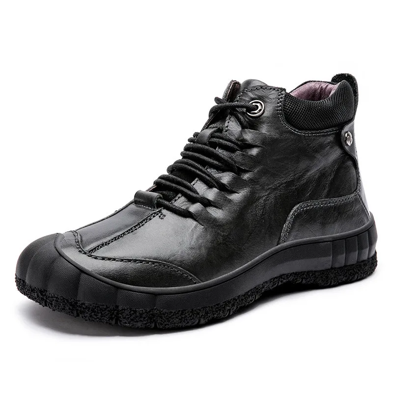 ZUNYU New Genuine Leather Men Boot Fashion Man Winter Snow Boots keep Warm Boots Plush Ankle Snow Work Shoes Men's Snow Boots - Цвет: BLACK
