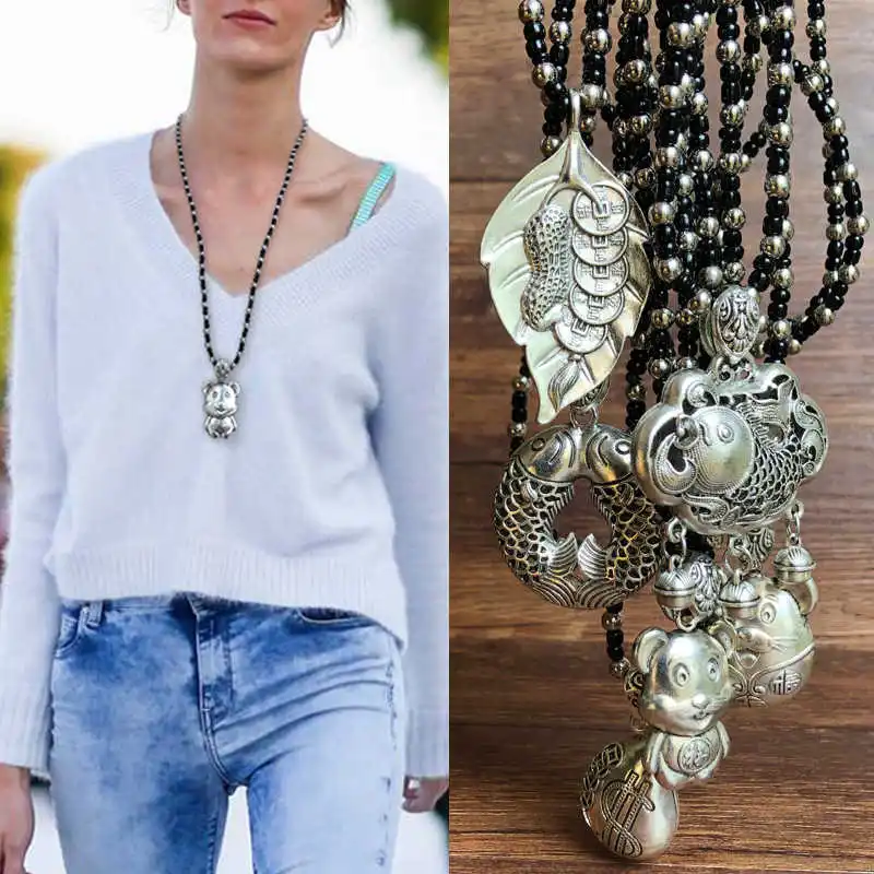 Handmade pearl chain Buddhist literature model year of the rat Pisces purse anti Tibetan Silver Pendant Necklace women's sweater