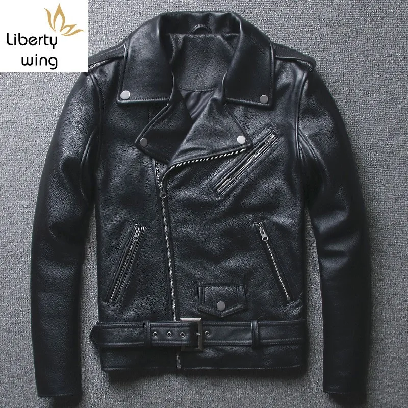 

Mens Genuine Motorcycle Jacket Black High Quality Cowhide Biker Real Leather Coat Men Slim Fit Zippers Clothes