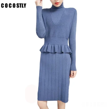 

women two piece outfits Knitted Dress Autumn Winter Elegant Casual 2 Piece Set Women Ruffle Turtleneck Wool Sweater Dress Sets