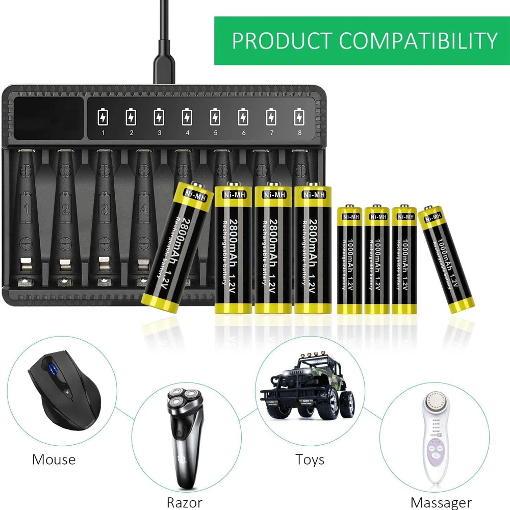 Battery Charger Adapter Battery Charger 8 Slot Smart Battery Charger LED Display for AA/AAA NiMH Rechargeable Batteries