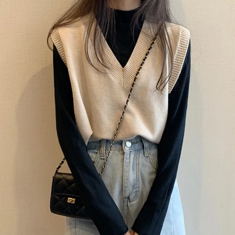 

Loose Fit V-neck Fashion Sleeveless Vest Knitted Sweaters for WomenTop Fall Winter 2020 Office Lady Solid Kawaii Knit Pullovers