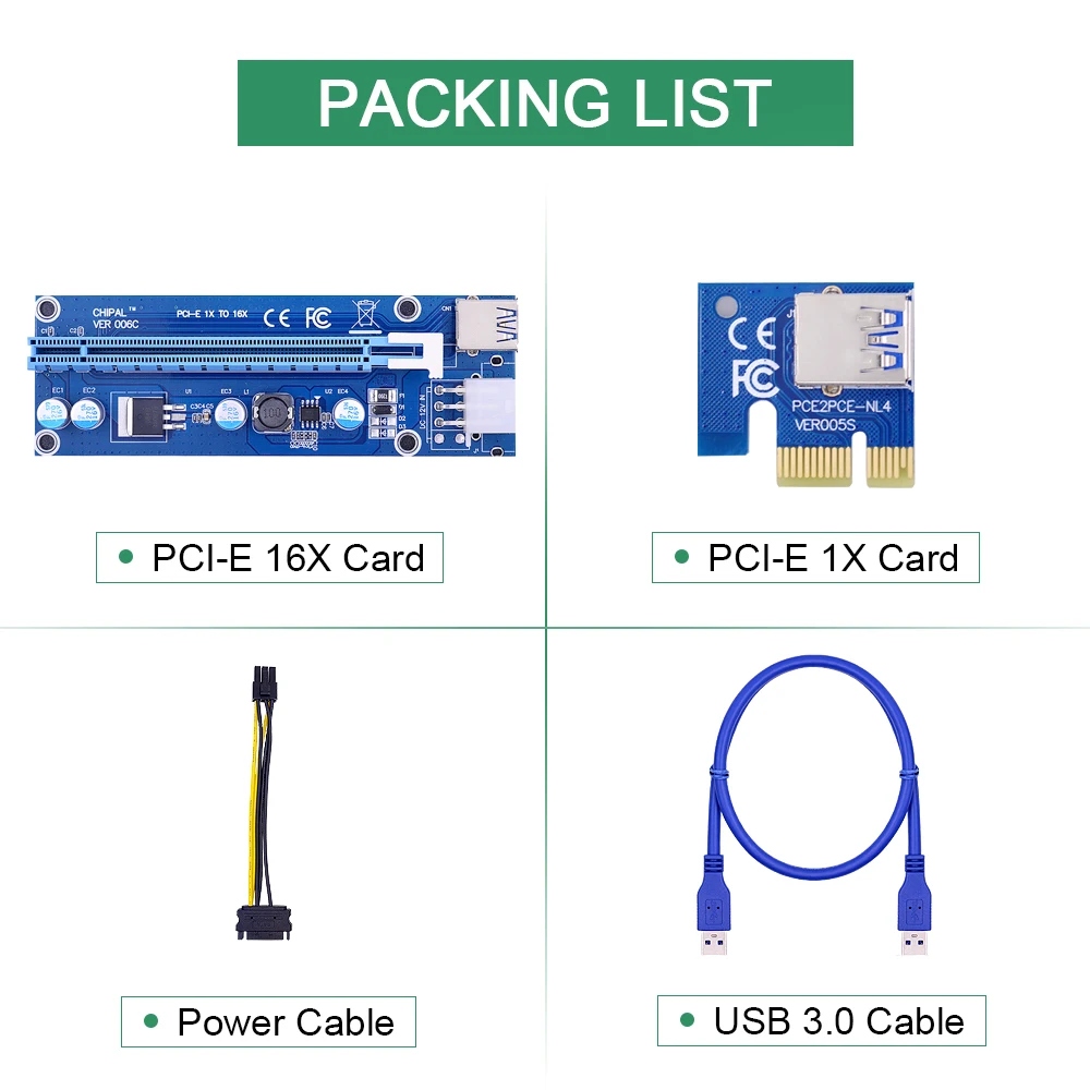 NVMe to PCIE Adapter Card CHIPAL VER006C PCI-E Riser Card PCI Express X1 to X16 Extender USB 3.0 Cable SATA to 6Pin Power for Video Card
