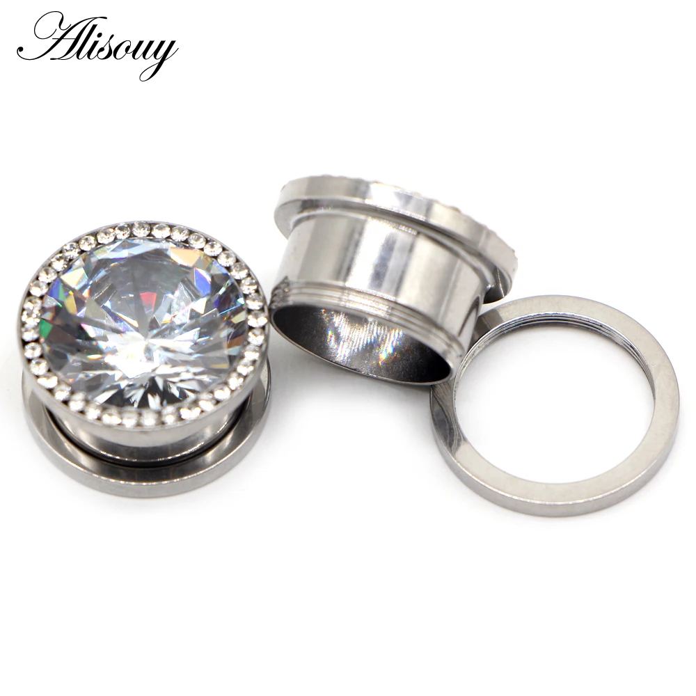 Alisouy 2pc Stainless Steel Top Quality Crystal Zircon Ear Tunnels Plug Screw Fit Colorful Ear Flesh Gauge Ear Expanders Jewelry