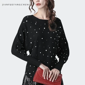 

Fashion Pearls Beading Women Sweater Knitted Pullover Warm Winter Top Bat Wing Sleeve O-Neck Plus Size Outwear Casual Sweaters