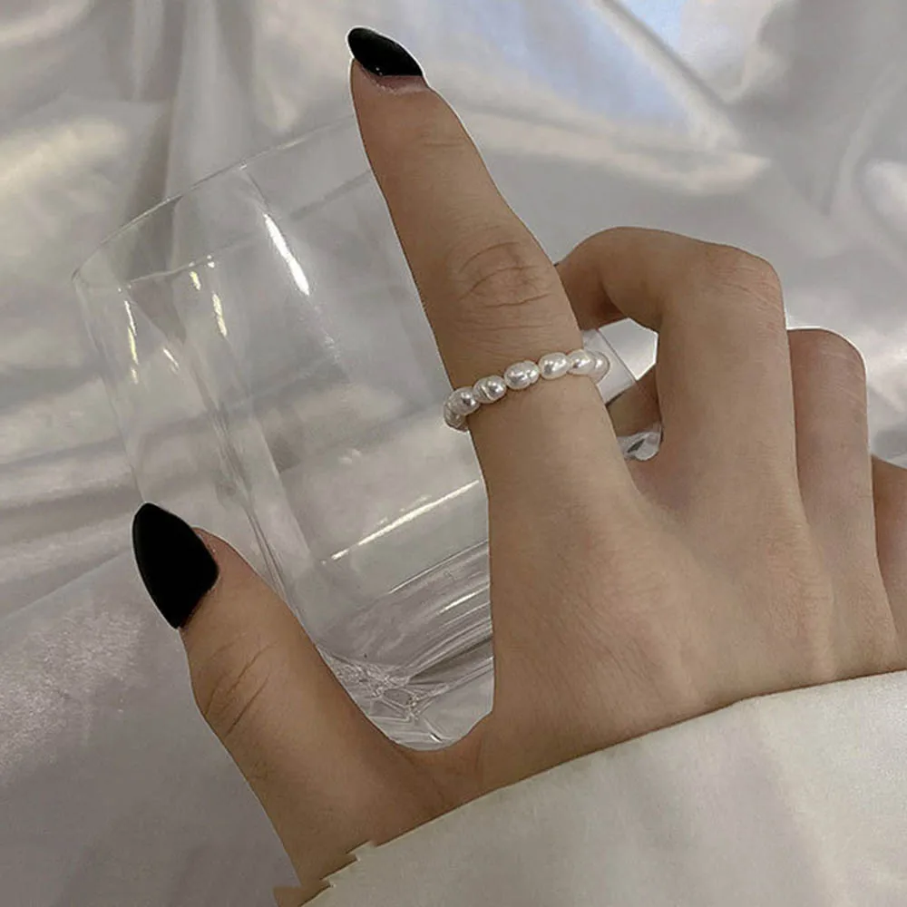 Finger Ring Adjustable Rings New Minimalist Multi Bead Freshwater Pearl Geometric Rings Women Finger Jewelry Fashion Adjustable Elastic Ring