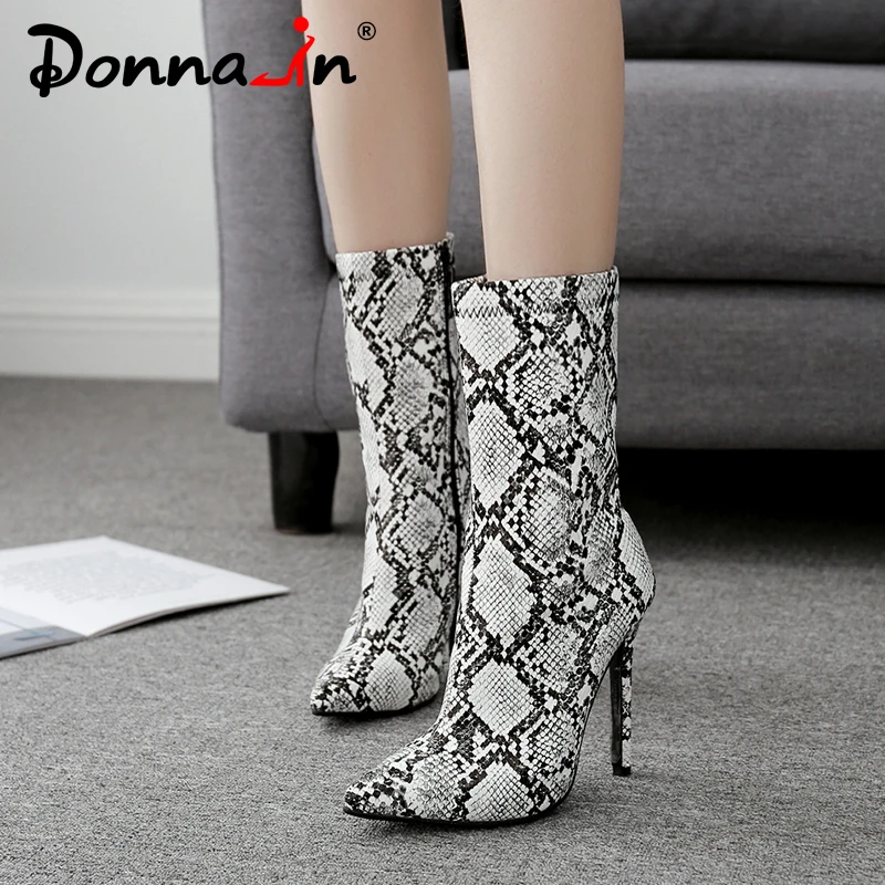 

Donnain Women Snake Print Boots Fashion Zipper Pointed Toe Microfiber Ladies Mid-Calf High Heels Boots Big Size 35-42 Women Shoe