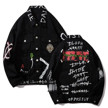 

Fashion Printed Hip Hop men Denim Jacket Fashion Hi Street Painted Jean Jackets coat Oversized Outerwear Streetwear Tops