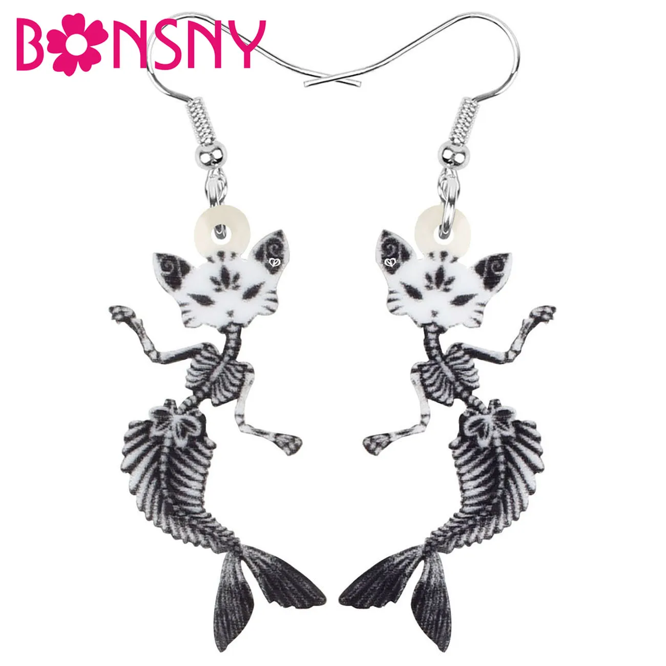 Bonsny Acrylic Halloween Gray Cat Fish Skull Earrings Cute Skeleton Dangle Drop Jewelry For Women Girls Trendy Gift Accessories drop earrings dangle earrings acrylic earrings