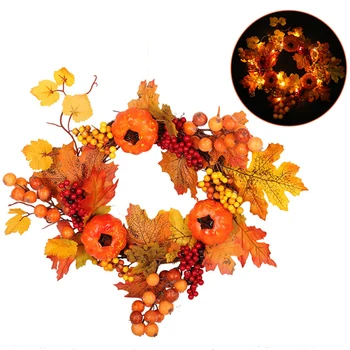 

Artificial Leaf Wreath Fake Pumpkin Wreath Autumn Color Maple Leaf Garland Festival Decor Wreath Fall Door With/without Light