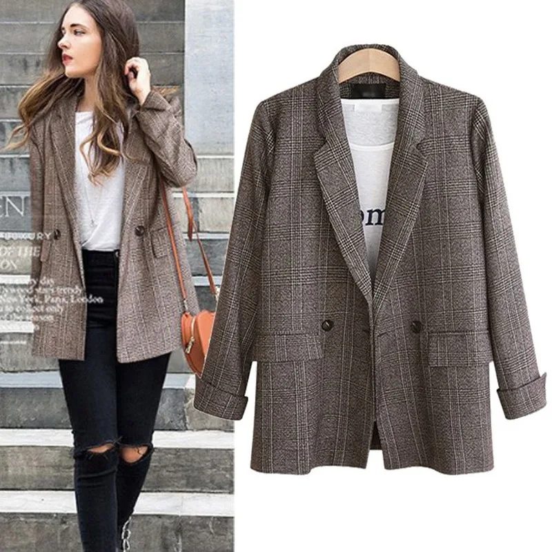 

Semfri Plaid Womens Jacket 2020 Spring Autumn Loose Style Suit Jacket European Simple Version Female Casual Streetwear Coat