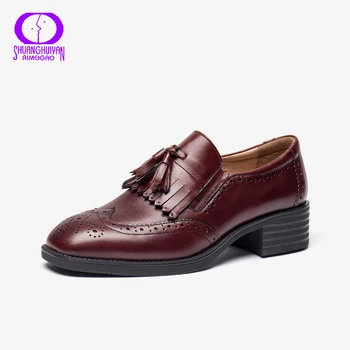 

AIMEIGAO 2020 Formal Carved Brogue Genuine Leather Shoes Women Autumn Solid Fringe Hand Rubbing Flats Female Office Lady Slip On