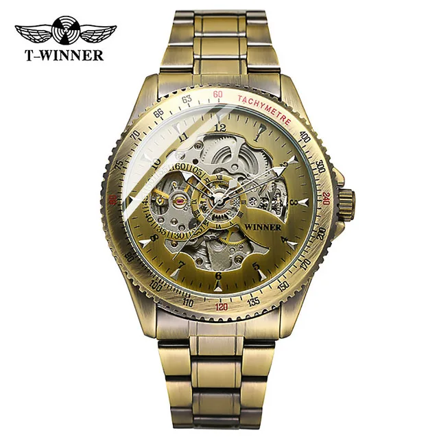 Новинка, часы WINNER Relojes, Топ бренд, мужские, классические, нержавеющая сталь, самовзводные, скелет, механические часы, модные, крест, наручные часы - Цвет: bronze