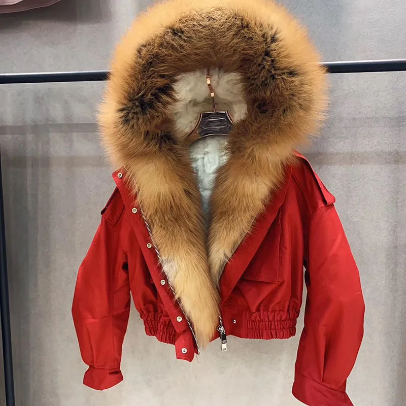 Новое поступление, женская мода, Лисий мех, пальто, высокое качество, мех ягненка, линия, куртка-бомбер, короткий стиль, S7652 - Цвет: Red Fox-Red