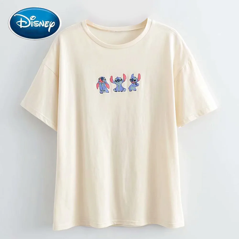 

Disney Chic Fashion Stitch Little Monster Cartoon Print Casual Women T-Shirt Sweet O-Neck Pullover Short Sleeve Loose Tee Tops