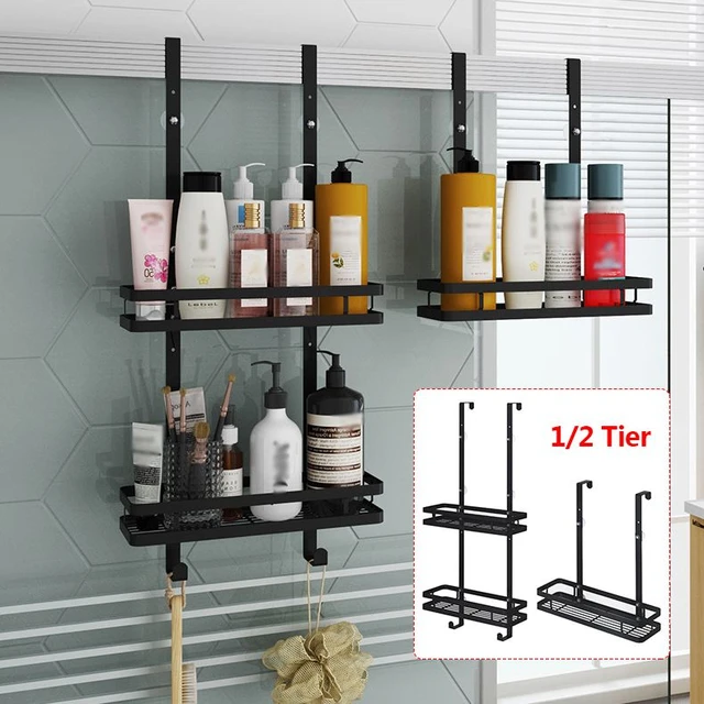 mDesign Stainless Steel Bath/Shower Over Door Caddy, Hanging Storage  Organizer 2-Tier Rack with 6 Hooks and 2 Baskets - Holder for Soap,  Shampoo