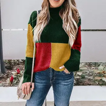 

New Autumn Winter Fashion Women Knitted Plaid Patchwork Sweater Turtleneck Long Sleeve Sweater Female Casual Streetwear