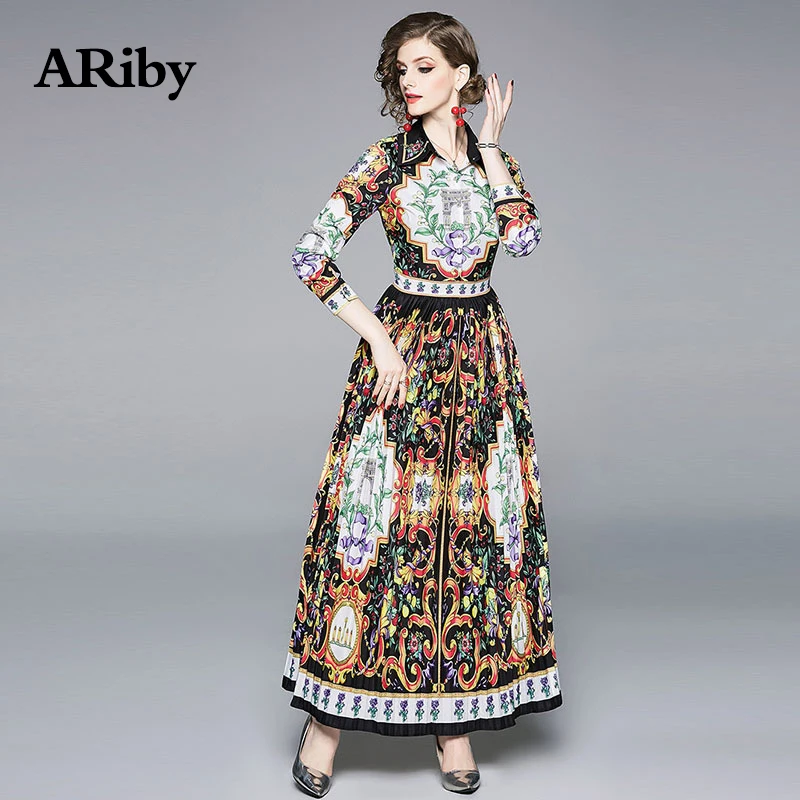 ARiby осеннее высококачественное женское Макси длинное платье осеннее Новое тонкое офисное женское плиссированное платье с отворотом длиной до щиколотки Vestidos