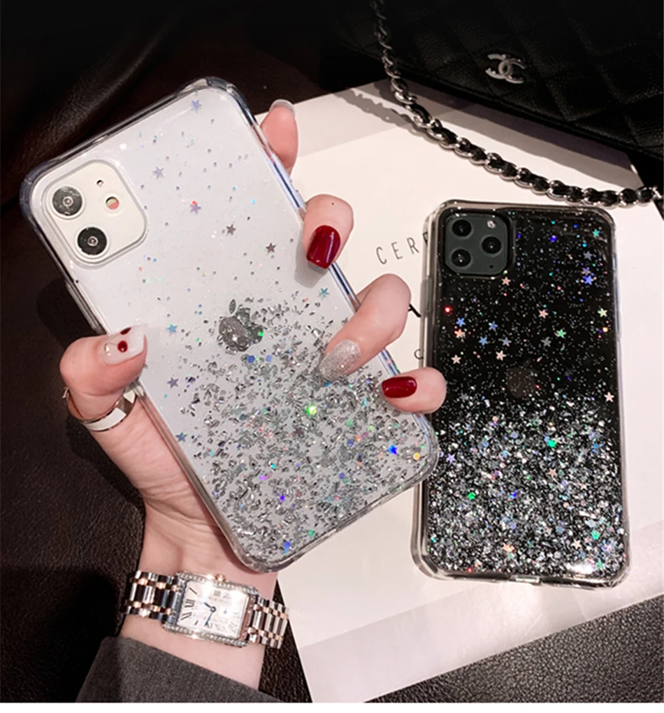 Силиконовый чехол Moskado с блестящими звездами для iPhone 11 Pro Max X XR XS Max 6 6S 7 8 Plus Мягкий Прозрачный Сияющий Чехол с блестками для телефона s