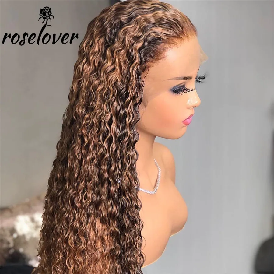 

Colored Highlight Honey Blonde Human Hair Curly 13*6 Lace Frontal Wigs Water Wave Wig Pre Plucked Wig Bleach Knots For Women