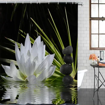 

Lotus Flower Stone Grass Water Wave Modern Home Decor Bathroom Waterproof Shower Curtain