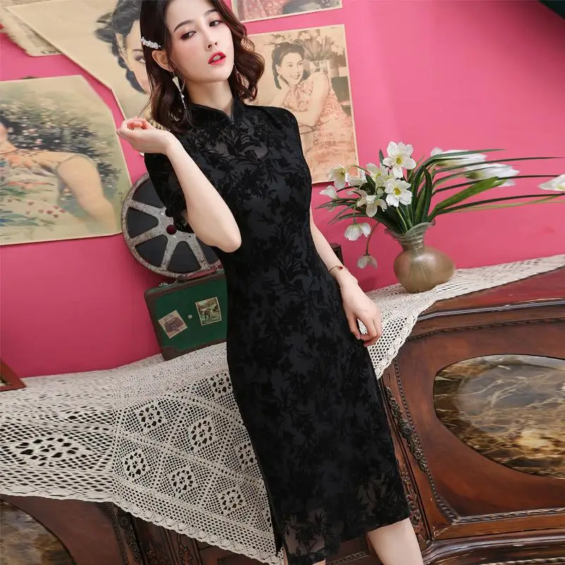 Cheongsam сексуальное женское черное новое платье с воротником-стойкой и коротким рукавом, Сетчатое повседневное кружевное элегантное женское платье в стиле ретро - Цвет: Черный