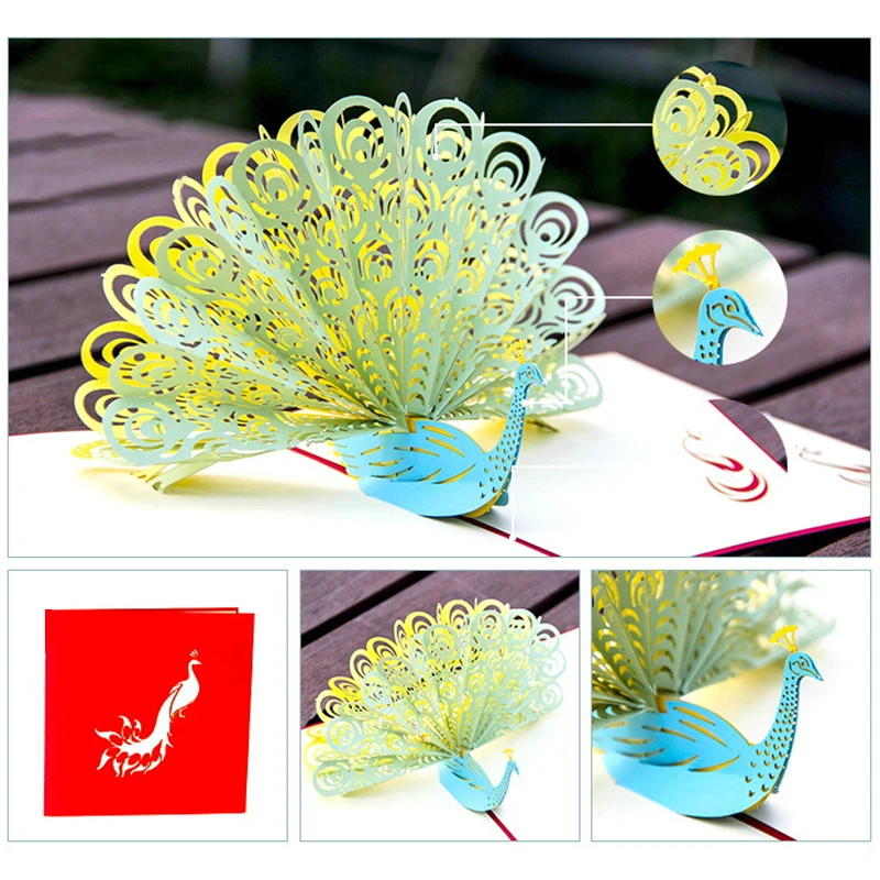 3D Pop UP Carved Peacock Cards Creative Gift Card for Girl Kids Wife Husband Birthday Cake Greeting Card Christmas Postcard Gift