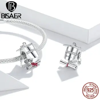 

BISAER Square College Caps Beads 925 Sterling Silver Campus Graduation Charms Pendant Fit DIY Bracelet Necklace Jewelry GAC357