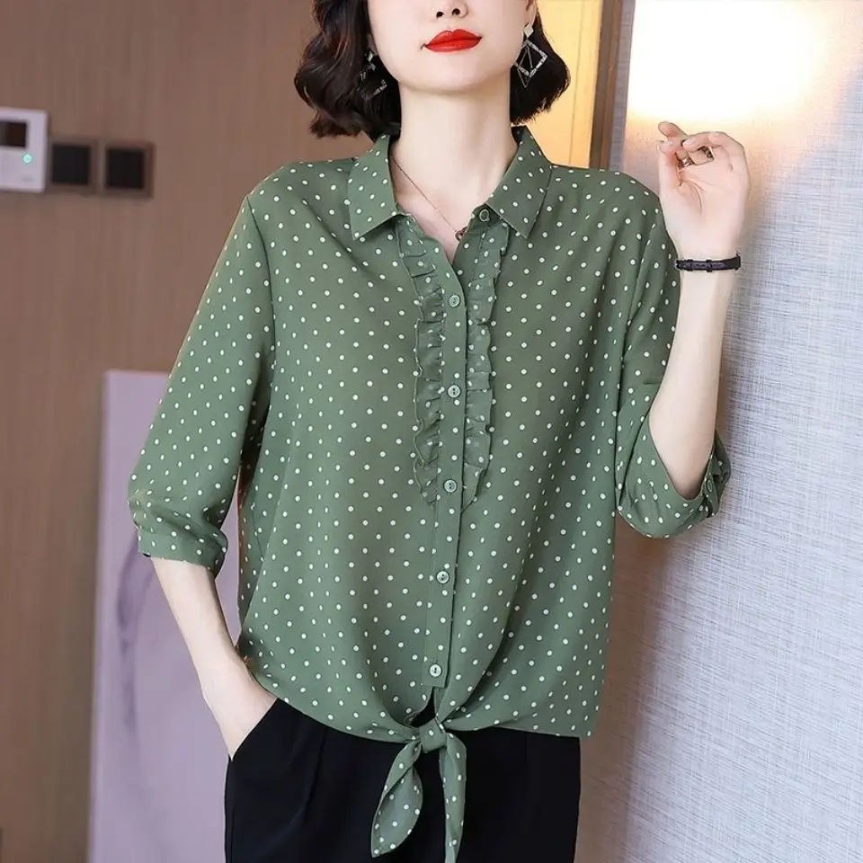 

2021 Chiffon Summer Women Shirts Higt-End Elegant Dots Print Blouses Polo-Neck Casual Loose Ladies Blusas Tops MM1087