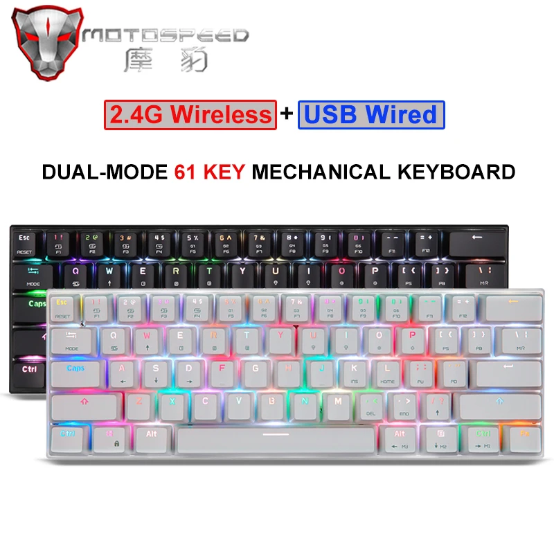 Genuine Motospeed Wired/Bluetooth Dual Mode Gaming Mechanical Keyboard 61 Keys RGB Backlight for PC Computer Android IOS System