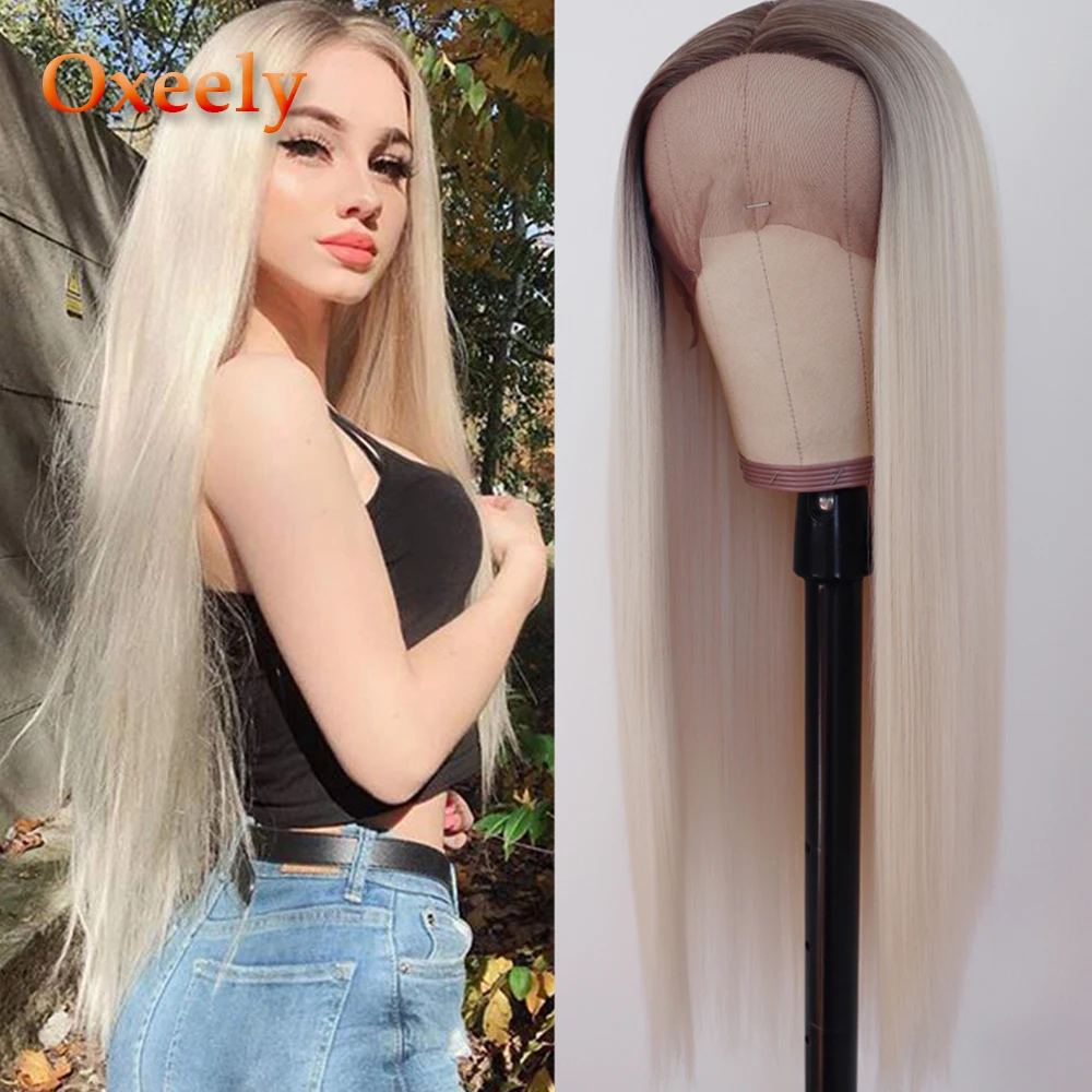 Oxeely Long Straight Synthetic Lace Front Wigs Ombre Platinum blonde Wig Heat Resistant 180 Density for Black Women | Шиньоны и парики