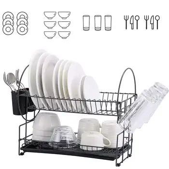 

2 Layer Dish Rack Kitchen Organizer Storage Drainer Drying Plate Shelf Sink Supplies Knife and Fork Container Kitchen Rack Home