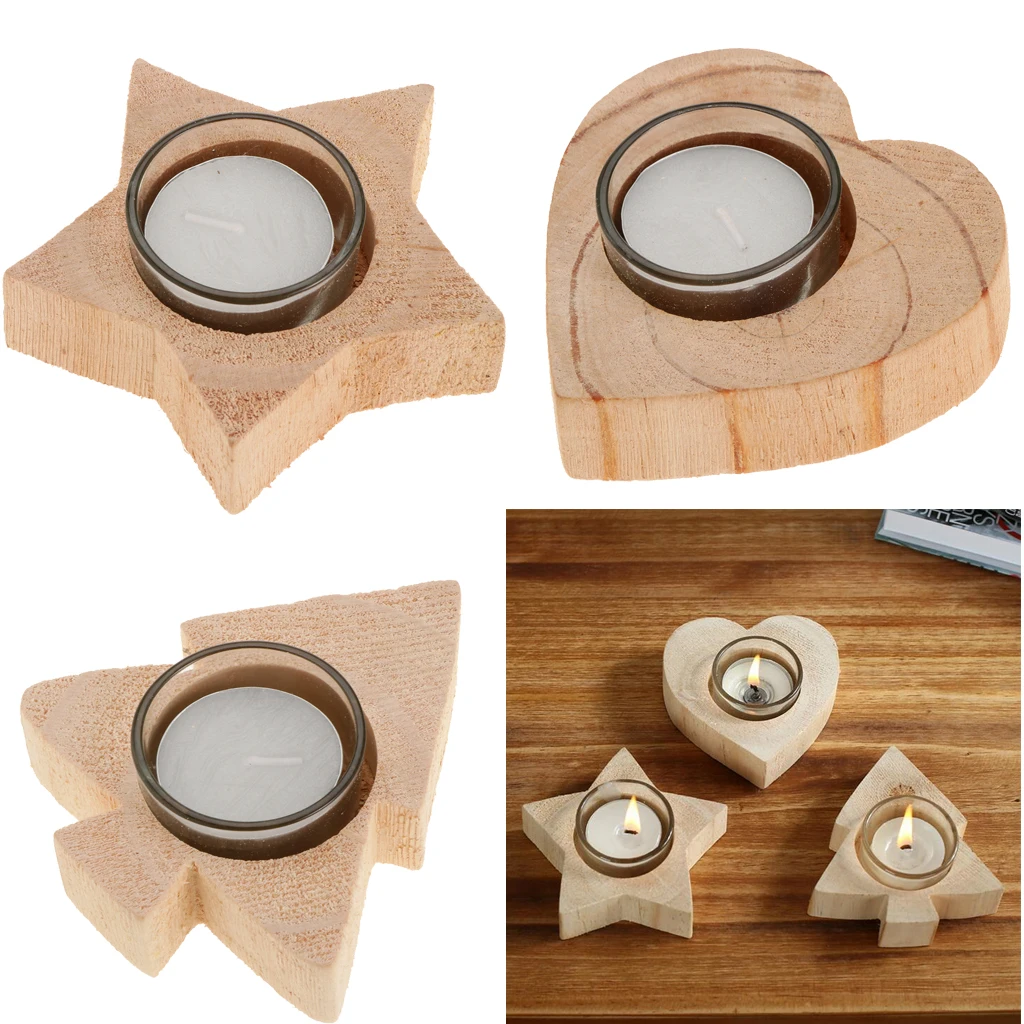 SOLID WOOD CANDLE TEA LIGHT HOLDER NATURAL XMAS WEDDING HOLIDAYS CANDLESTICK - Star, Xmas Tree, Heart Shape