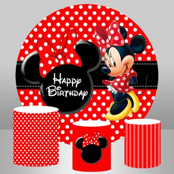 

Photography Backdrops Cartoon Red Polka Dots Minnie Mouse Background for Girl Birthday Party Table Banner Circle Round Backdrop