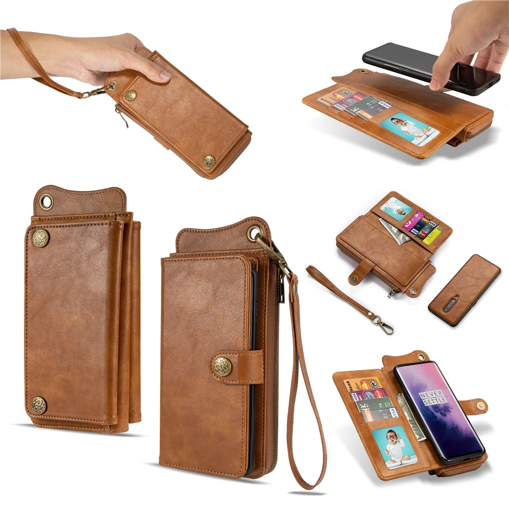 Luxury Leather Zipper Wallet Handbag Case for OnePlus 7 Pro Multi-Functional Detachable Flip Card Slot Magnetic Cover